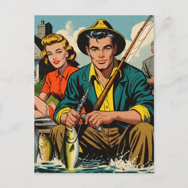 Retro Fishing Comics Postcard (Front)
