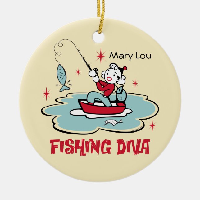 Retro Fishing Diva Personalized Ornament (Front)