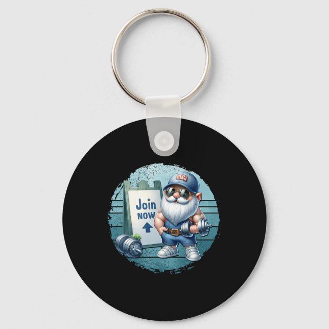Retro Fitness Gnome In Gym Outfit With Dumbbells V Keychain (Front)