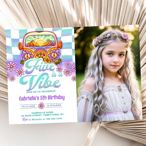 Retro FIVE is a Vibe Groovy 5th Birthday Photo Invitation