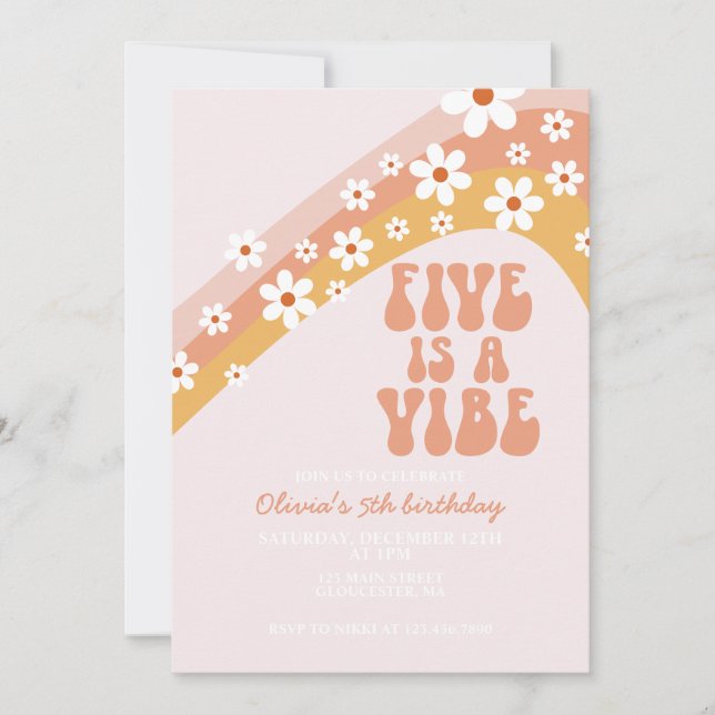 Retro Five is a Vibe Groovy daisy 5th birthday Invitation (Front)