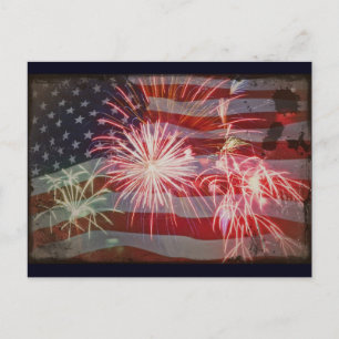 Retro Flag and Fireworks Postcard