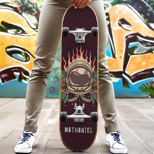 Retro Flaming Astronaut Roses Personalized Name Skateboard