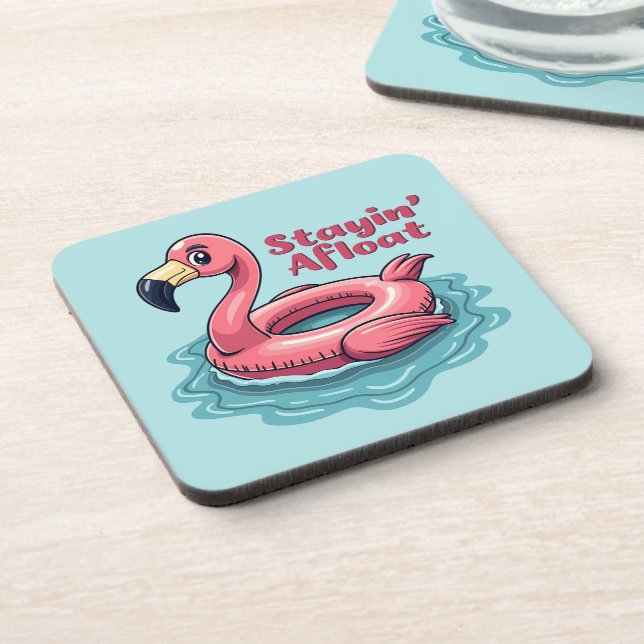 Retro Flamingo Float Funny Summer Beverage Coaster (Left Side)