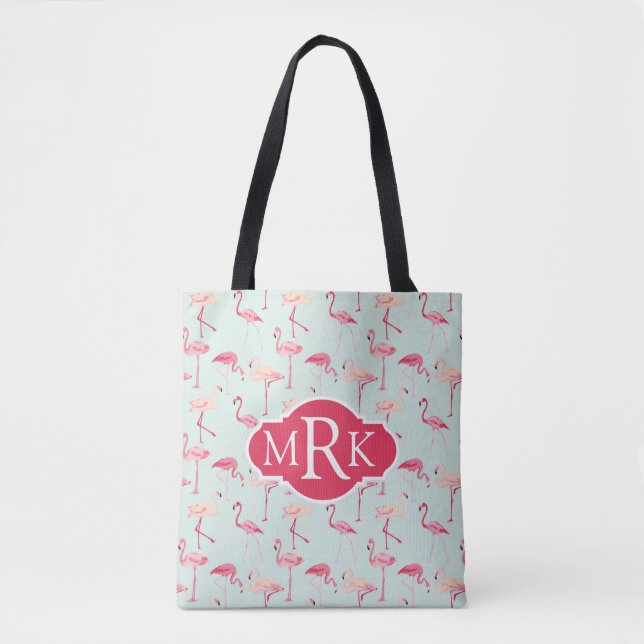Retro Flamingo Pattern | Monogram Tote Bag (Front)