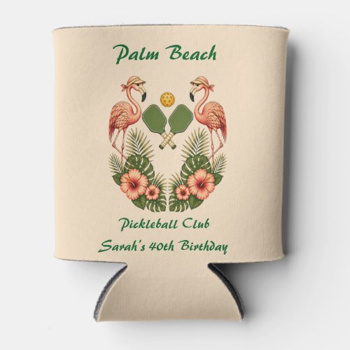 Retro Flamingo Pickleball Birthday Can Cooler