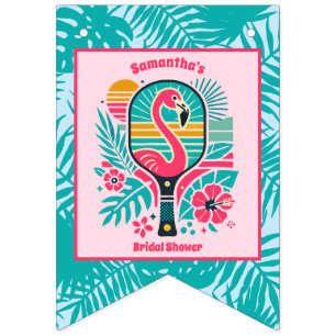 Retro Flamingo Pickleball Bridal Shower Photo Bunting Flags