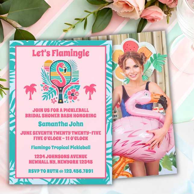 Retro Flamingo Pickleball Bridal Shower Photo Invitation (Bridal Shower Invitation)