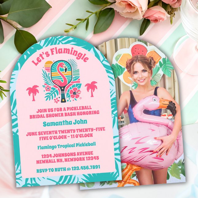 Retro Flamingo Pickleball Bridal Shower Photo Invitation (Bridal Shower Invitation)