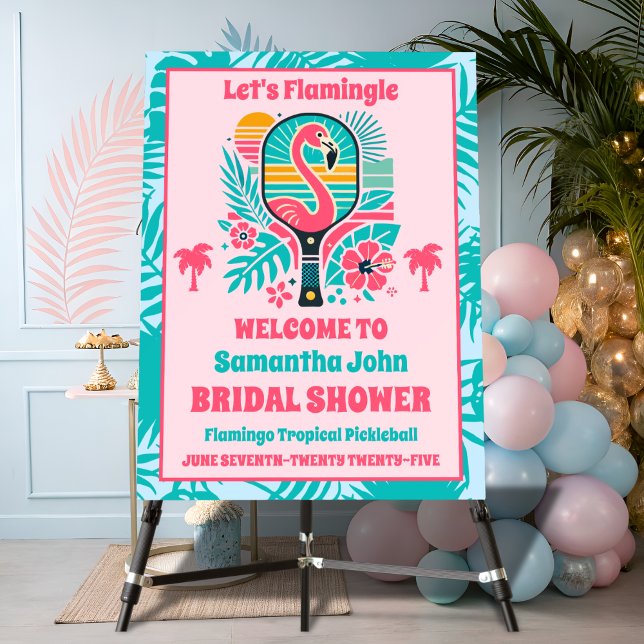 Retro Flamingo Pickleball Bridal Shower Welcome Foam Board (Large Party Signs/Banners)