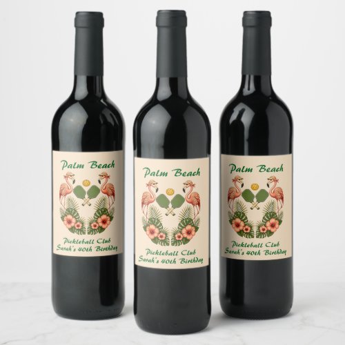 Retro Flamingo Pickleball Club Birthday Wine Label