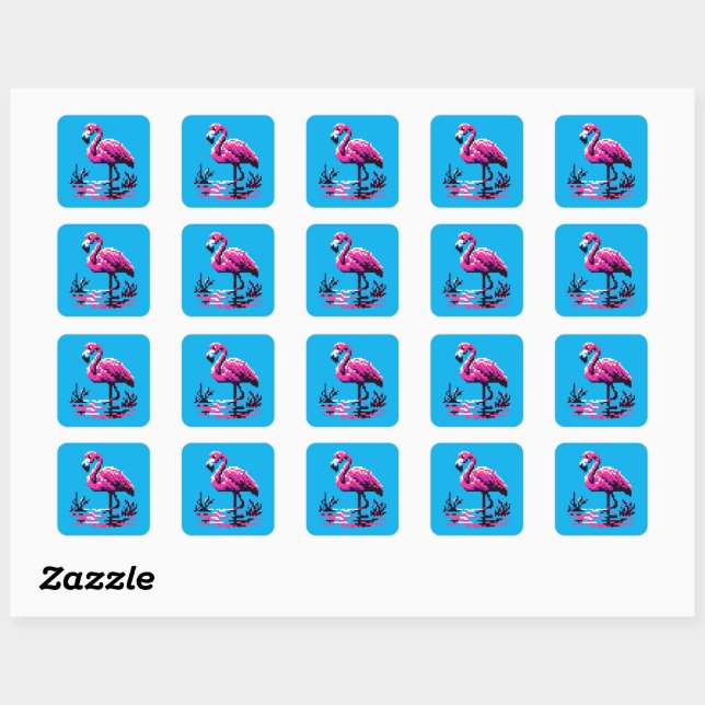 Retro Flamingo: Pixelated Waterside Elegance Square Sticker (Sheet)