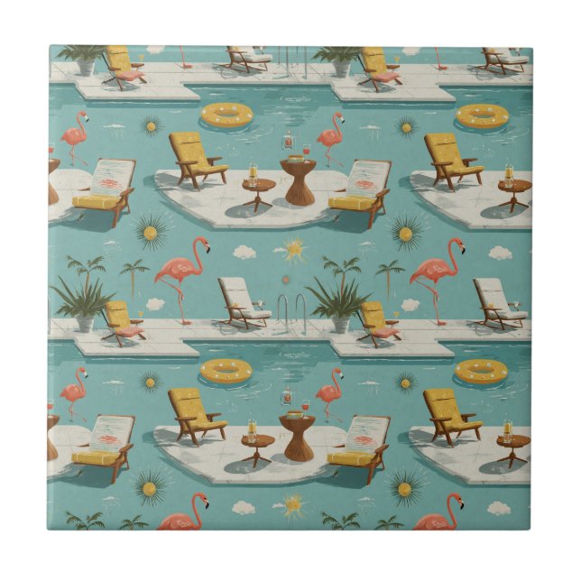 Retro Flamingo Poolside Summer Pattern (10) Ceramic Tile (Front)