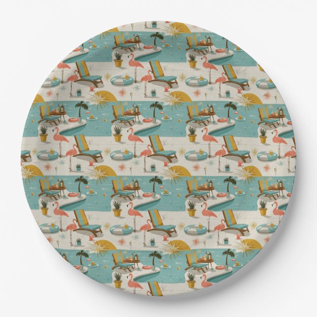Retro Flamingo Poolside Summer Pattern (10) Paper Plates (Front)