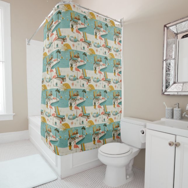 Retro Flamingo Poolside Summer Pattern (10) Shower Curtain (In Situ)