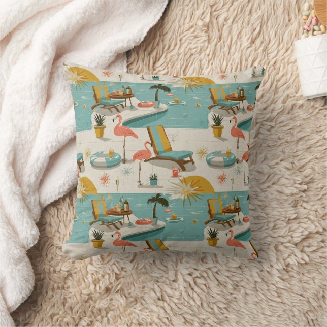 Retro Flamingo Poolside Summer Pattern (10) Throw Pillow (Blanket)