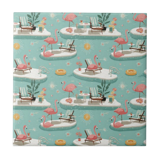 Retro Flamingo Poolside Summer Pattern (11) Ceramic Tile (Front)