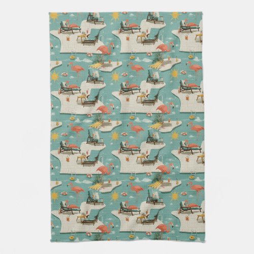 Retro Flamingo Poolside Summer Pattern (11) Kitchen Towel