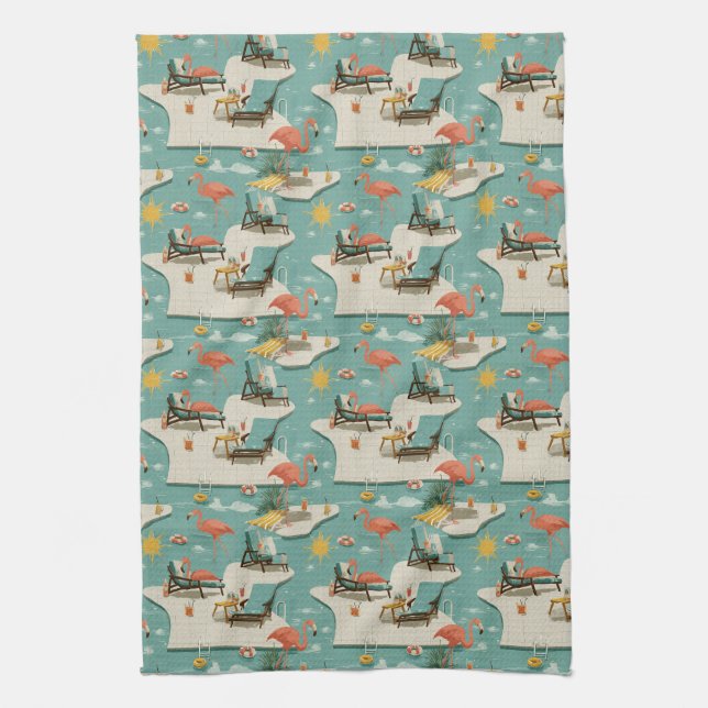 Retro Flamingo Poolside Summer Pattern (11) Kitchen Towel (Vertical)