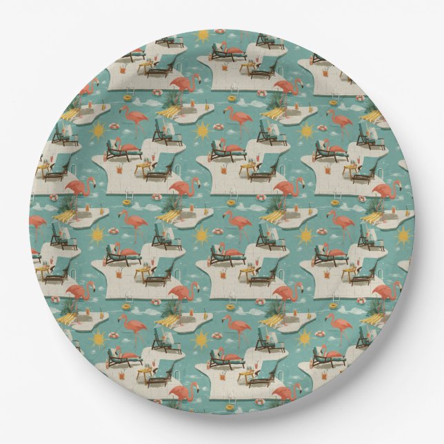 Retro Flamingo Poolside Summer Pattern (11) Paper Plates (Front)