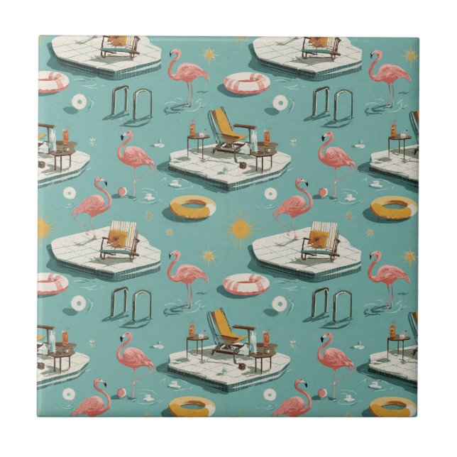 Retro Flamingo Poolside Summer Pattern (1) Ceramic Tile (Front)