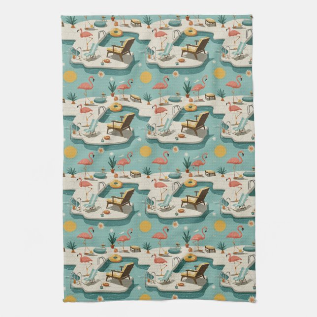 Retro Flamingo Poolside Summer Pattern (1) Kitchen Towel (Vertical)