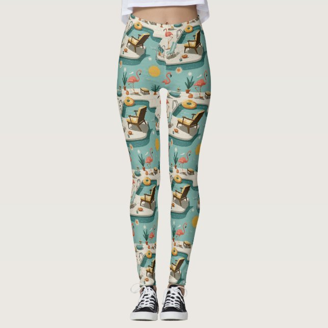 Retro Flamingo Poolside Summer Pattern (1) Leggings (Front)