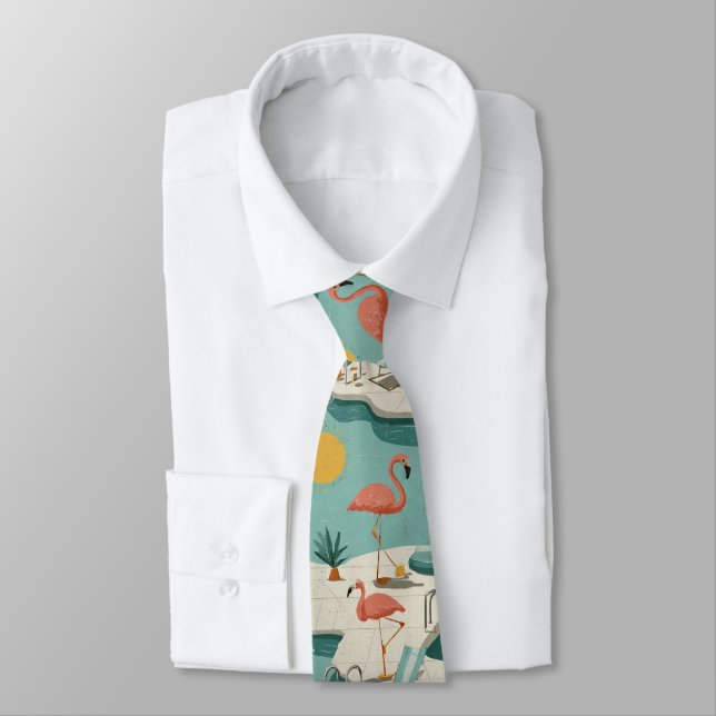 Retro Flamingo Poolside Summer Pattern (1) Neck Tie (Tied)