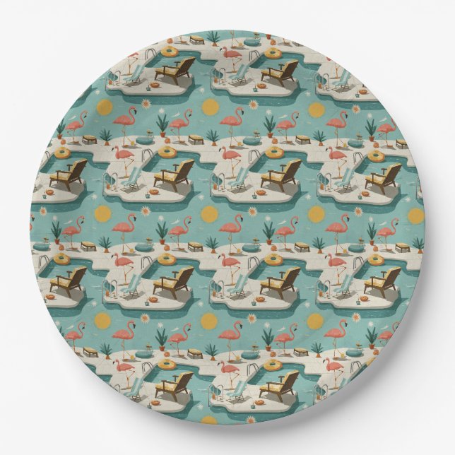 Retro Flamingo Poolside Summer Pattern (1) Paper Plates (Front)