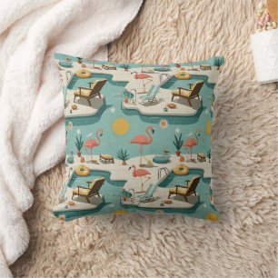 Retro Flamingo Poolside Summer Pattern (1) Throw Pillow