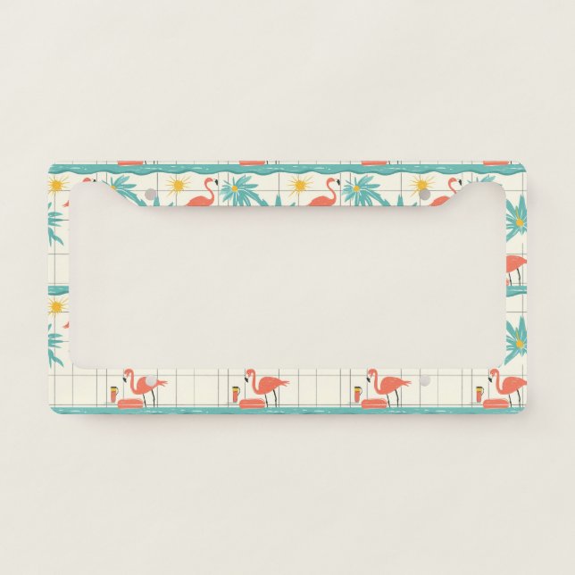 Retro Flamingo Poolside Summer Pattern (2) License Plate Frame (Front)