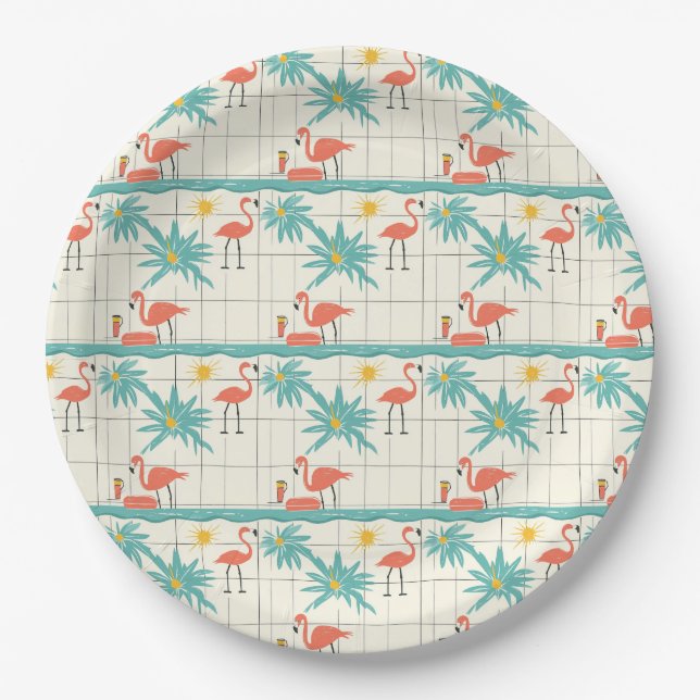 Retro Flamingo Poolside Summer Pattern (2) Paper Plates (Front)