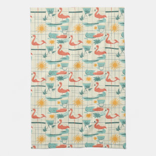 Retro Flamingo Poolside Summer Pattern (3) Kitchen Towel