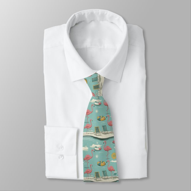 Retro Flamingo Poolside Summer Pattern (3) Neck Tie (Tied)