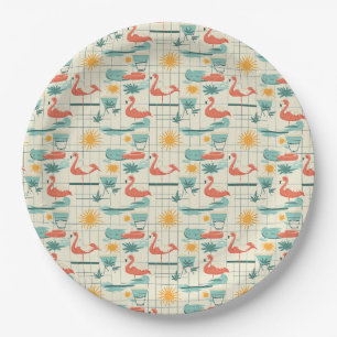 Retro Flamingo Poolside Summer Pattern (3) Paper Plates