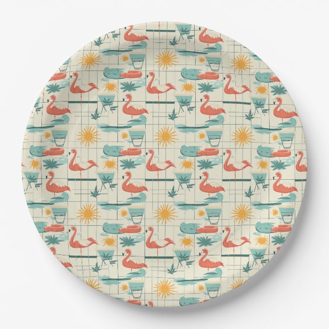 Retro Flamingo Poolside Summer Pattern (3) Paper Plates (Front)