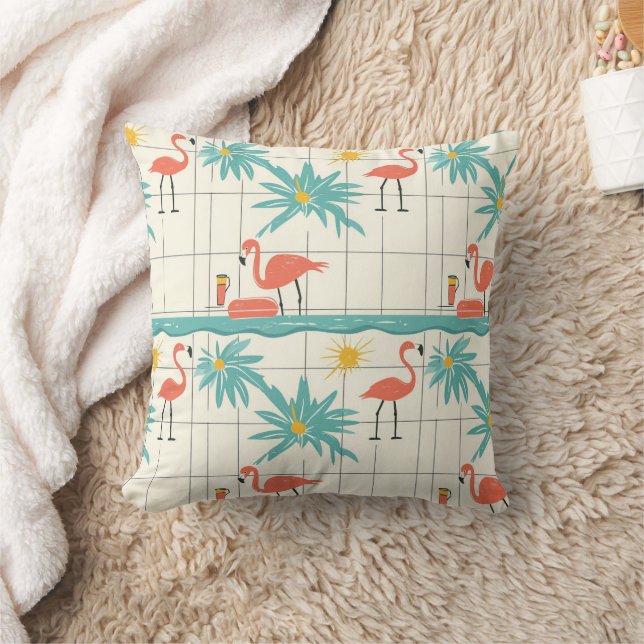 Retro Flamingo Poolside Summer Pattern (3) Throw Pillow (Blanket)