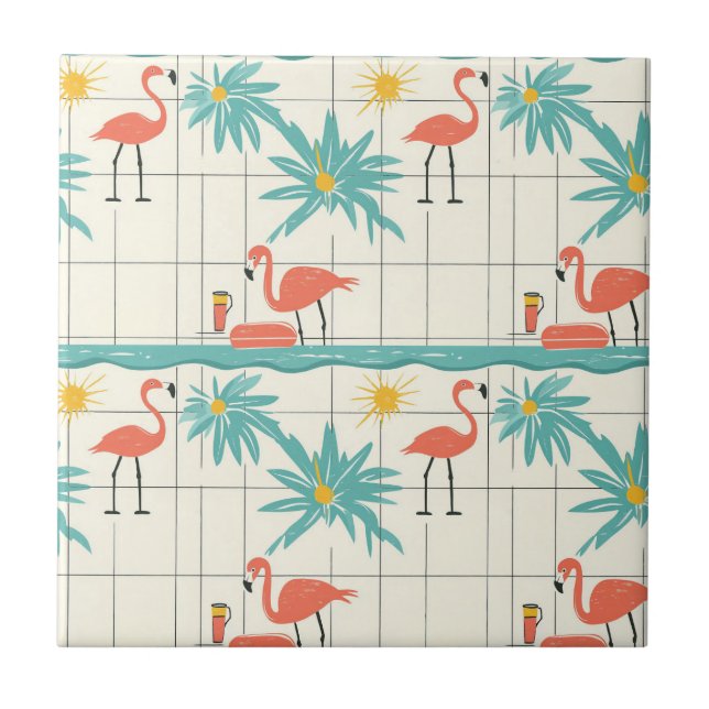 Retro Flamingo Poolside Summer Pattern (4) Ceramic Tile (Front)