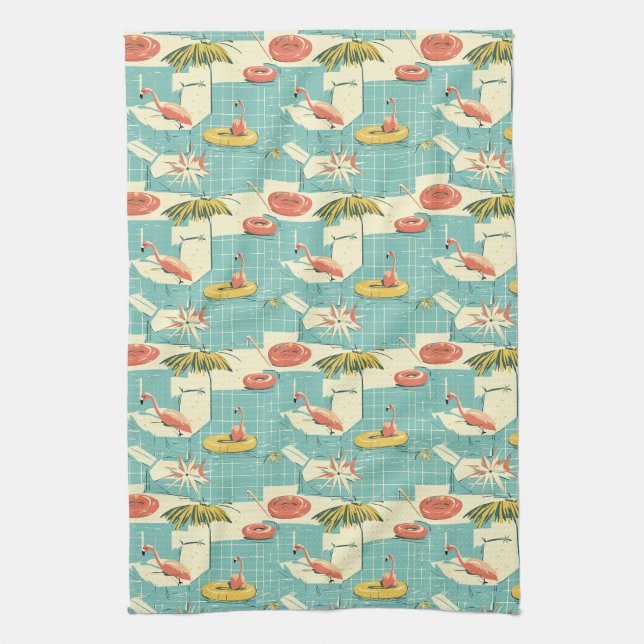 Retro Flamingo Poolside Summer Pattern (4) Kitchen Towel (Vertical)