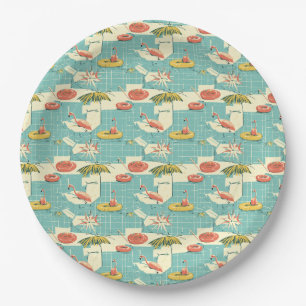Retro Flamingo Poolside Summer Pattern (4) Paper Plates