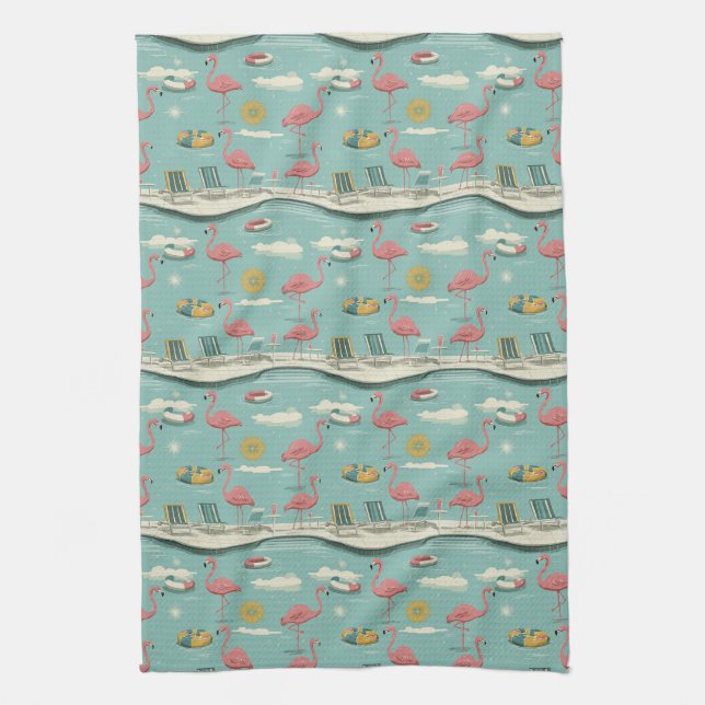 Retro Flamingo Poolside Summer Pattern (5) Kitchen Towel (Vertical)