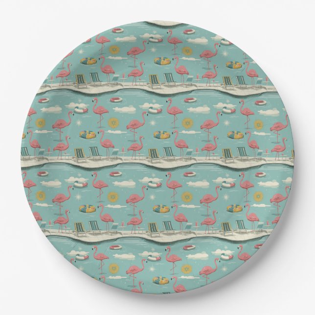 Retro Flamingo Poolside Summer Pattern (5) Paper Plates (Front)