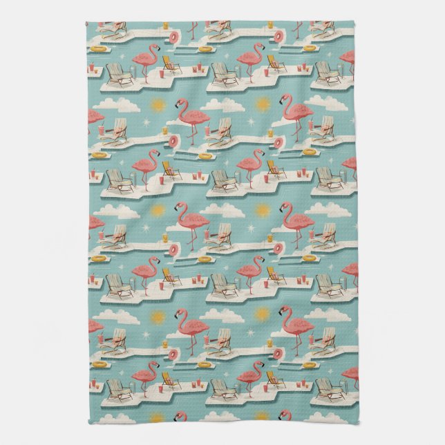 Retro Flamingo Poolside Summer Pattern (7) Kitchen Towel (Vertical)