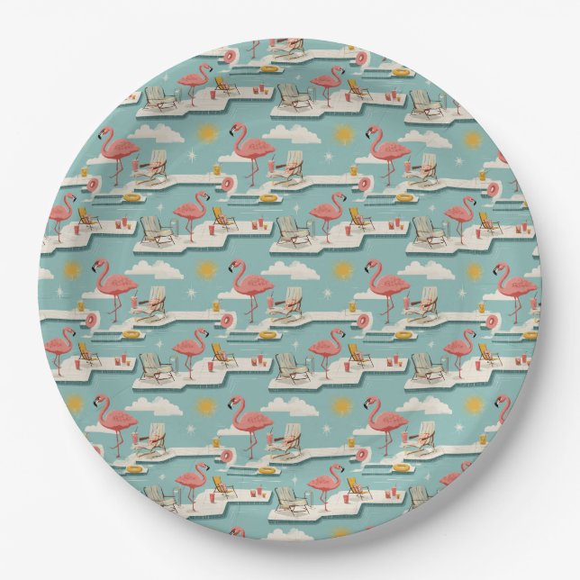 Retro Flamingo Poolside Summer Pattern (7) Paper Plates (Front)