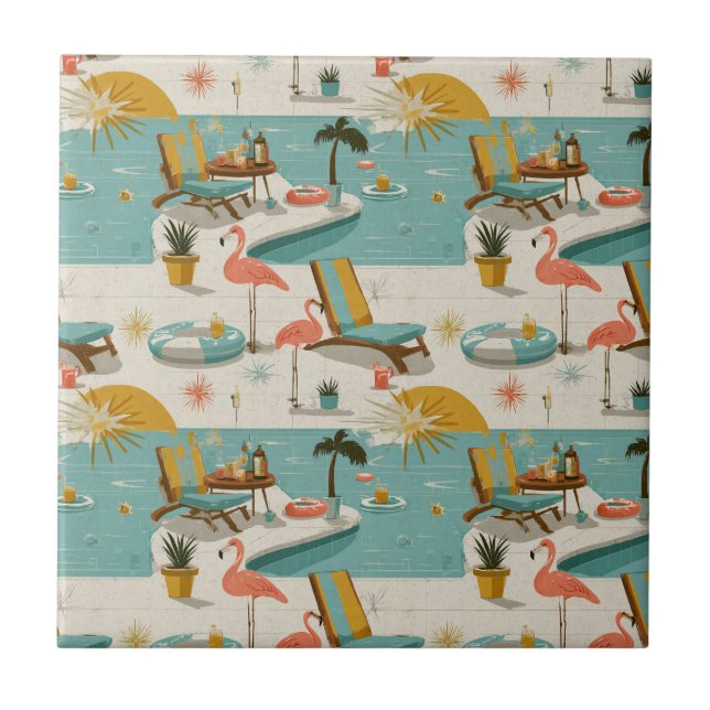 Retro Flamingo Poolside Summer Pattern (8) Ceramic Tile (Front)