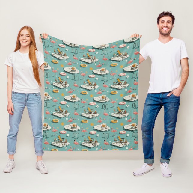 Retro Flamingo Poolside Summer Pattern (8) Fleece Blanket (In Situ)