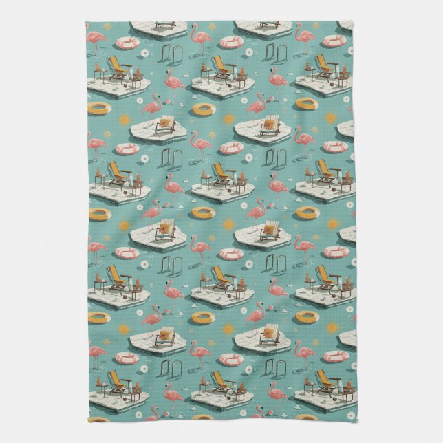 Retro Flamingo Poolside Summer Pattern (8) Kitchen Towel (Vertical)