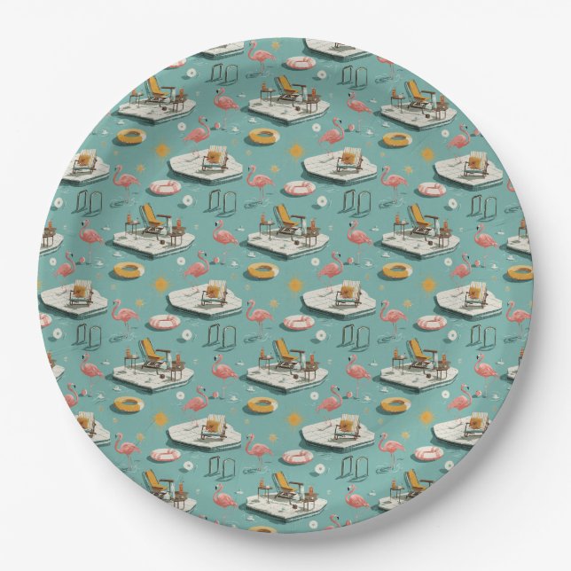 Retro Flamingo Poolside Summer Pattern (8) Paper Plates (Front)