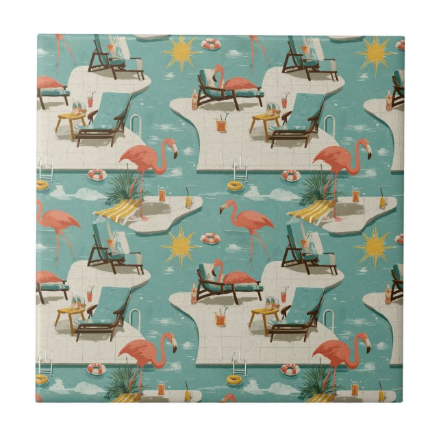 Retro Flamingo Poolside Summer Pattern (9) Ceramic Tile (Front)