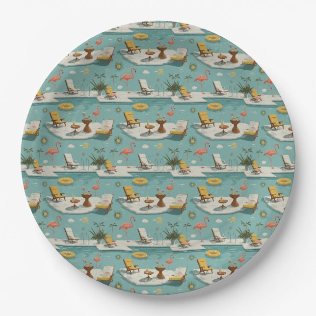 Retro Flamingo Poolside Summer Pattern (9) Paper Plates (Front)